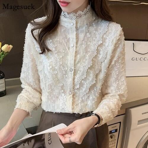 Autumn Button Chiffon Shirt Tops Women 2021 New Stand Collar Floral Lace Blouse Femme Lace Patchwork Vinatge Women Blouses 13408