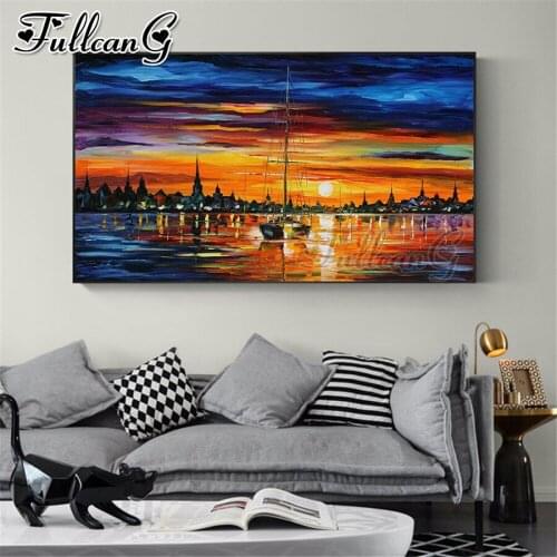 FULLCANG Abstract ship night landscape sea large diamond painting 5d diy full square round drill mosaic embroidery sale FC3448