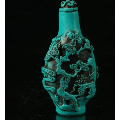 EXQUISITE CHINESE TURQUOISE RESIN HAND CARVED PINE TREE & OLD MAN SNUFF BOTTLE