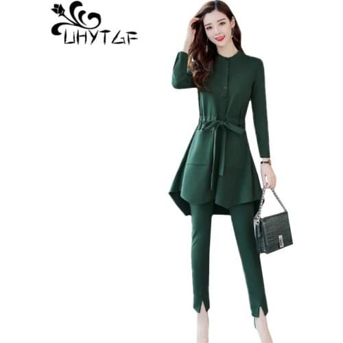 UHYTGF New Autumn Winter 2 piece set for women Crew neck tops+pants female suit belt Slim Casual two piece set woman clothes 598