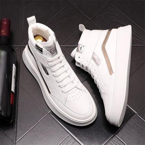 Men High Top Shoes White Leather Casual Shoes Hip Hop Ankle Boots Punk Designe Luxury Sneakers Zapatillas Hombre
