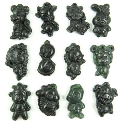 Natural stone black green jades hand-carved Three-dimensional 12 Zodiac pendant for diy jewelry Making necklaces Accessories