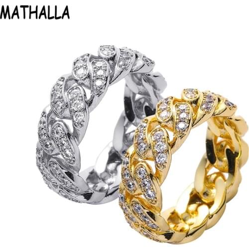 MATHALLA 8mm Cuban Link Ring Hip Hop Wedding Party Jewelry Full Ice Out Cubic Zirconia Fashion Micropavé Ring Mens and Womens
