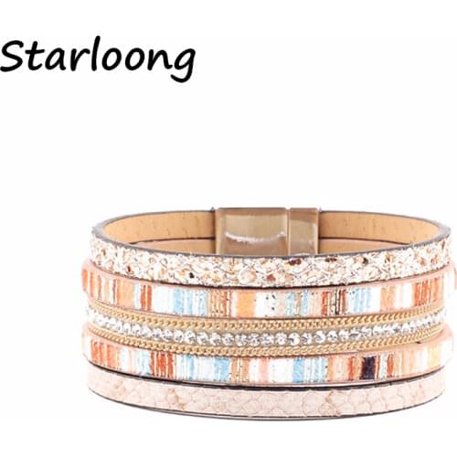 Bohemia Ethnic Style Multi-layer PU Leather Bracelet with Rhinestone Beads Magnetic Clasp Women Wrap Masculina Bijoux Bracelet