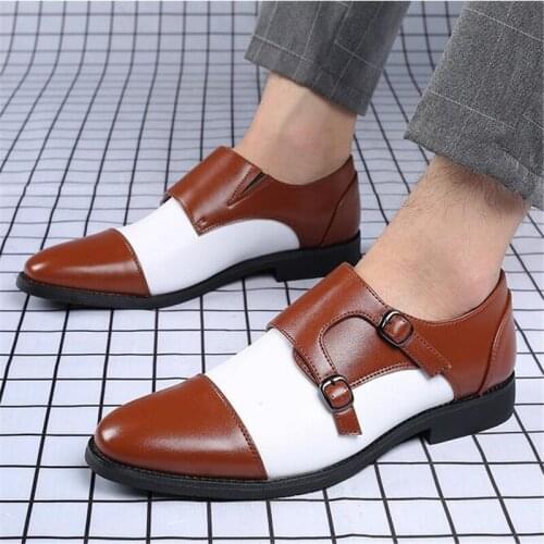 Mens Fashion Splicing Buckle Shoes Men Leather Dress Shoes Wedding Party Shoes Mens Business Office Oxfords Flats Plus Size