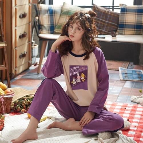 New Autumn Winter Nightwear Round Neck Top Long Sleeve Long Pants Loose Pijama Nighty Cotton Sleepwear Pajama Set For Women