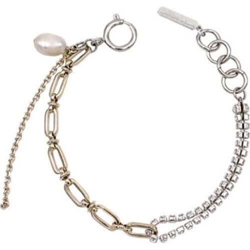 Online celebrity blogger gold and silver color matching rhinestone chain cross freshwater pearl tassel bracelet womens jewelry