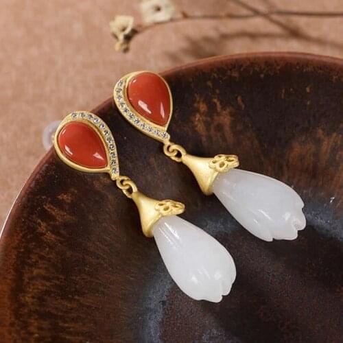 Natural White Jadeite Hetian Jadeite Flower Earrings Red Agate Earrings Vintage Earrings