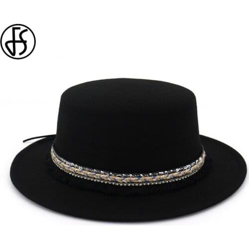 FS 2020 Vintage Winter Autumn Women Men Top Hat Wool Felt Fedora Hats Belt Ribbon Decorated Ladies Boater Jazz Cap Flat Brim