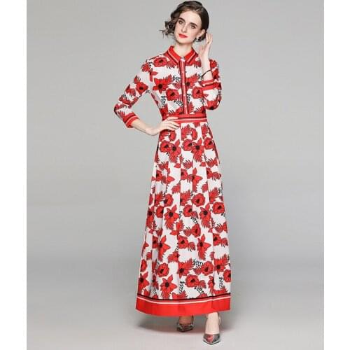 Spring Long Maxi Dress Womens Turn Down Neck Long Sleeve Robe Charming Floral Print Bohemia Casual Runway Dress k8968