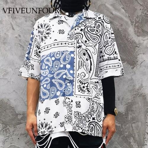 VFIVE UNFOUR Hawaiian Vintage Digital Cashew Flowers Printing Shirts Streetwear Mens Hip Hop Casual Beach Tropical Loose Tops