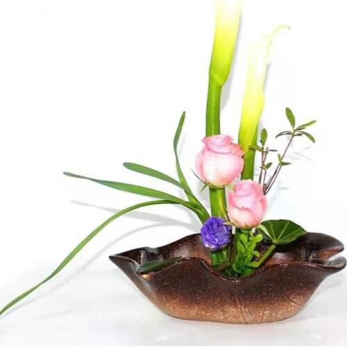 Japanese Style Flower Arrangement Ceramic Flower Plate Vintage Tabletop Decorative Ornaments Flower Pot Lotus Leaf Style Vases