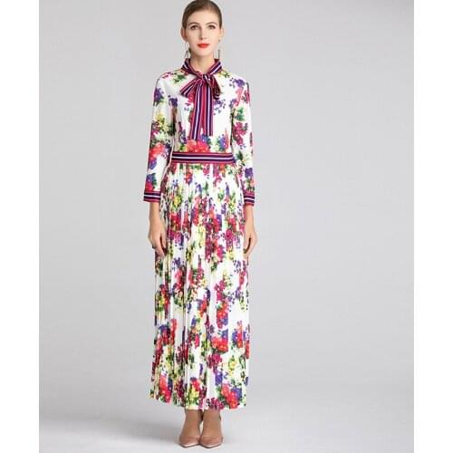 XXL 2021 spring autumn women Beach Style dresses red flower printed pleated dress maxi women party dress with bow runway
