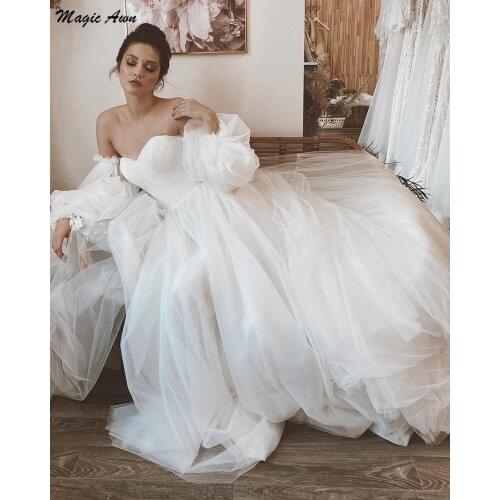 Magic Awn Graceful Boho Wedding Dresses Off The Shoulder Long Puffy Sleeves Beach Princess Bridal Gowns Country Robe De Mariée