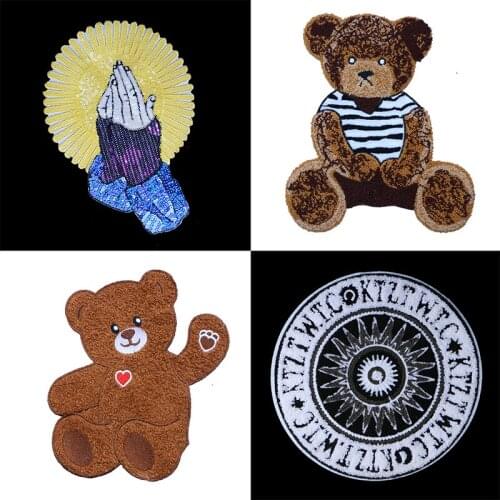 1PCS Large Sequin Towel Animal Cartoon Bear Palm Mixed Embroidery Patch Sewing Decal DIY Badge Embroidery Badge