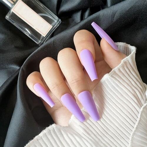 24pcs/set Extra Long Fake Nails Purple Pink Red Simple Matte Ballerina Full Nail Art Tips With Glue Artificial Nail Salon Tools