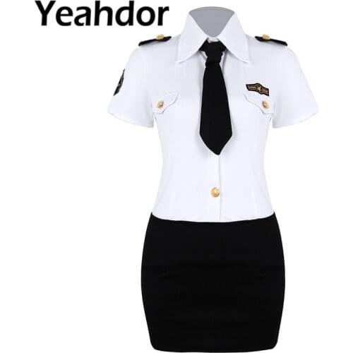 4Pcs Women Adults Police Officer Policewoman Uniform Cosplay Costume Turn-down Collar Shirt with Mini Bodycon Skirt + Hat Tie