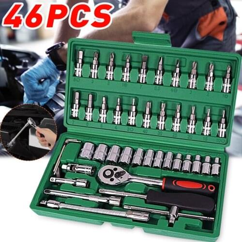 46Pcs 1/4 Inch Car Repair Tool Set Ratchet Torque Wrench Combo Hand Tools Mixed Kit
