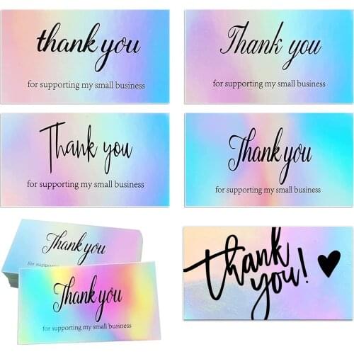 50 Pcs/PackThank You Cards for Supporting Small Business Holographic Mini Rainbow Card Business Card for Package Decoration