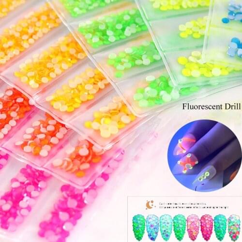 850 Pcs 3D Fluorescent Nail Drill SS6-SS20 Not Hotfix Luminous Crystal Nail Neon Super Bright Rhinestone for Manicure Nail Acces
