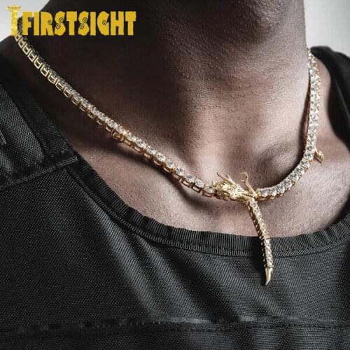 Iced Out Bling 5A Zircon 5mm Tennis Chain Dragon Necklace Gold Silver Color Dragon Charm Women Man Hip Hop Fashio Jewelry
