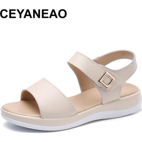 CEYANEAOWhite sandals Womens summer shoes Comfortable Real leather platform sandals for walking students Sandal shoesE049