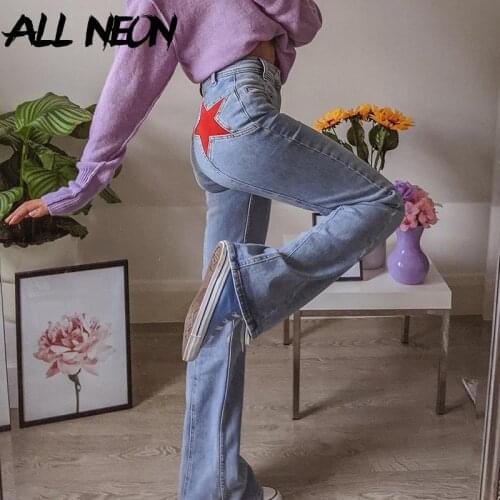 ALLNeon Y2K Fashion High Waist Stitch Flare Pants 90s Aesthetics Five-Pointed Star Denim Trousers Slim Streetwear Vintage Blue