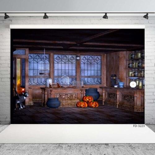 Halloween Pumpkins Vintage Room Cage Cat Bottle Photo Backdrop Custom Photography Background for Chirdren Baby Shower Photoshoot