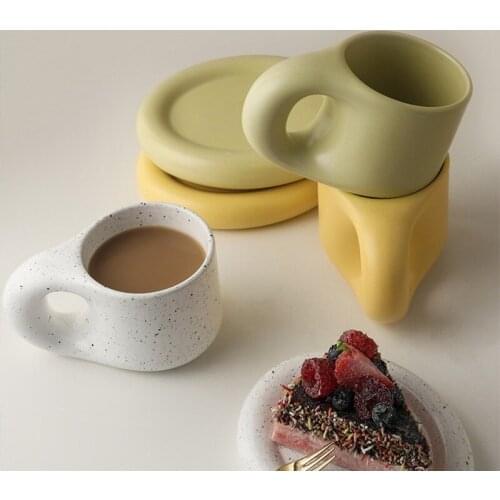 Kawaii Ceramic Mug Fat Handle Cup Oval Coffee Cup Saucer Set Juice Container Tea Cet Korean Fat Cup Party Gift Cup Set 300ML