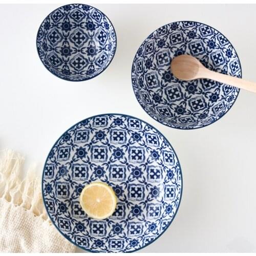 Ceramic Underglaze Color Blue and White Cross Surface Deep Plate/Soup Bowl/Rice Bowl