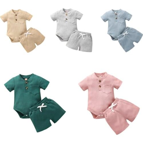 Lioraitiin 2Pcs 0-18M Baby Girls Boys Summer Short Sleeve Button V-Neck Pocket Bodysuit Tops+Shorts Pants Outfit Sets