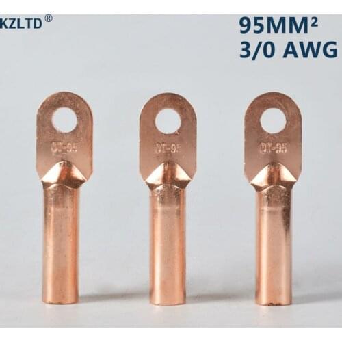 5PCs/Lot Copper Tube Cable Terminals Battery Lug Ring End 95mm 3/0 AWG 12MM / 0.47" Bolt Hole Heavy-duty Pure Copper Lug DT-95