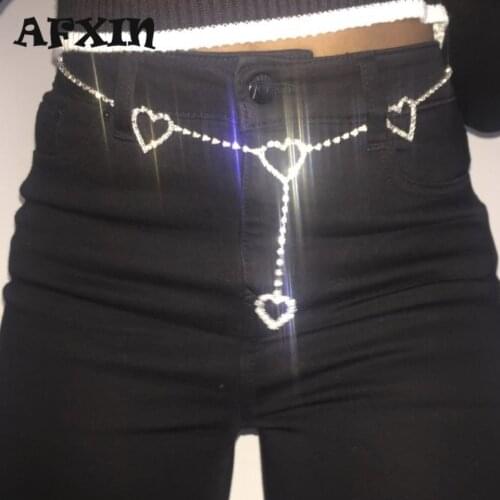 Fashion Rhinestone Heart To Heart Body Chain Gold/silver Color Long Belly Chain Jewlery Waist Belt Beach Crystal Chain for Jean