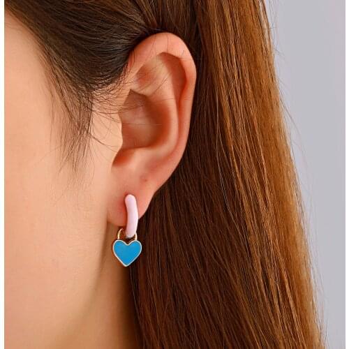 Kymyad Fashion Enamel Hoop Earrings For Women Handmade Vintage Jewelry Gold Color Heart Pendant Statement Earrings