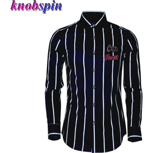 Classic Black White Striped Shirt men Letters Embroidery Slim Casual Chemise homme high quality Business male Cotton Shirts 2019