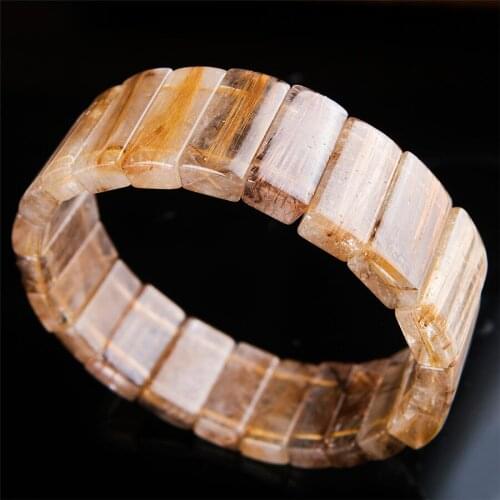 Genuine Brazil Natural Gold Rutilated Quartz Crystal Stretch Charm Rectangle Beads Women Men Bracelet