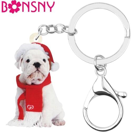 Bonsny Acrylic Christmas Hat Scarf Bulldog Dog Key chains Key Rings Bag Car Wallet Keychains For Women Girl Decoration Accessory