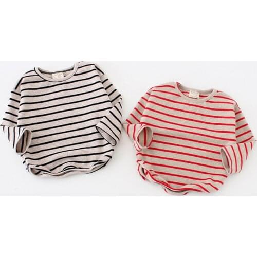 New 2021 Autumn Pure Cotton Boys Girls Clothes Baby Girls Boys Stripe Bat Shirt T-Shirt Fashion Children Long Sleeved T-Shirt