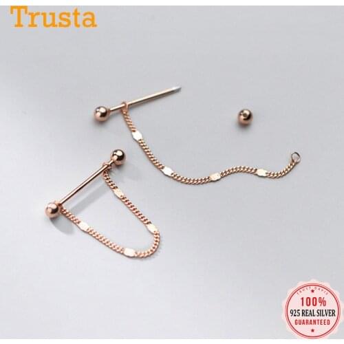 Trustdavis Real 925 Sterling Silver Fashion Stick Chain Beads Screw Stud Earrings For Women Mothers Day Fine Jewelry DA2029