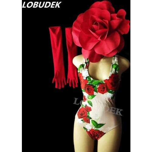 Valentines Day Dance Costume Rose Print Bodysuit Flower Headgear Performance Clothes Bar Nightclub Party Rave Show Stage Outfit