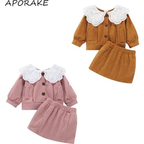 2021 0-3Y Cute Toddler Baby Girl Spring Fall Clothing Set Flower Lace Collar Button Long Sleeve Top+A-line Skirt Corduroy 2pcs