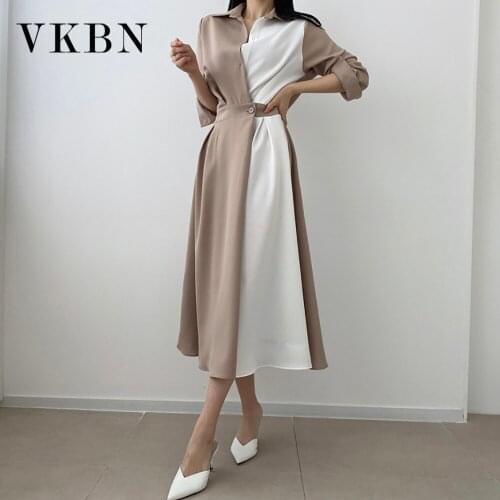 VKBN Spring Autumn Dresses Woman Empire Patchwork Long Sleeve Party Korean Dress Turn-down Collar Elegant Vestidos De Fiesta