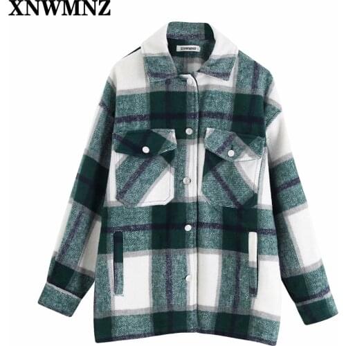 XNWMNZ Za Vintage Stylish Pockets Oversized Plaid Jacket Coat Women Fashion Lapel Collar Long Sleeve Loose Outerwear Chic Tops