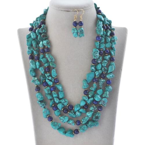 Z11101 4Row 21" 13mm Green Baroque Turquoise Blue Lapis lazuli Choker Necklace earring