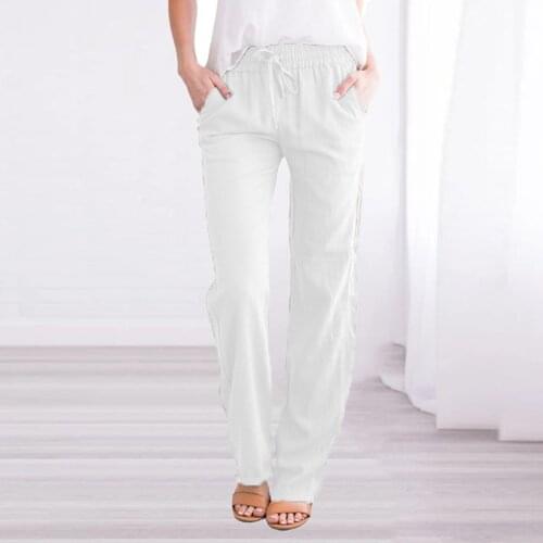 Women Casual Cotton And Linen Solid Drawstring Elastic Waist Long Straight Pants Daily Comfy Loose High Quality Fashion Pants