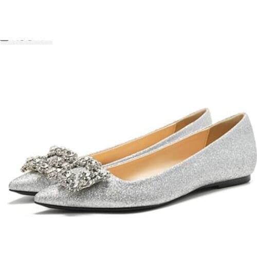 Custom-made Flat shoes womens single wild pointed square buckle crystal silver wedding dress wedding shoes female 2018 new