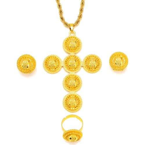 High quality 24 k Fine Solid Gold Filled Necklace earrings ring large-scale Cross Pendant Jewelry Sets Womens