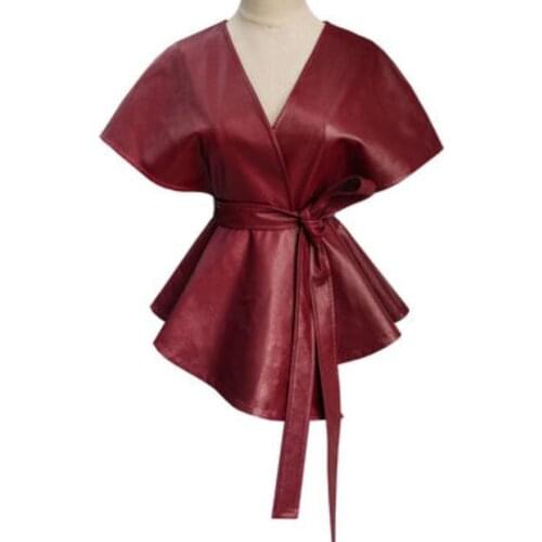 Women 2021 Spring Faux PU leather Waistcoat Jacket Sleeves V-neck Waist belt Fashion Vest