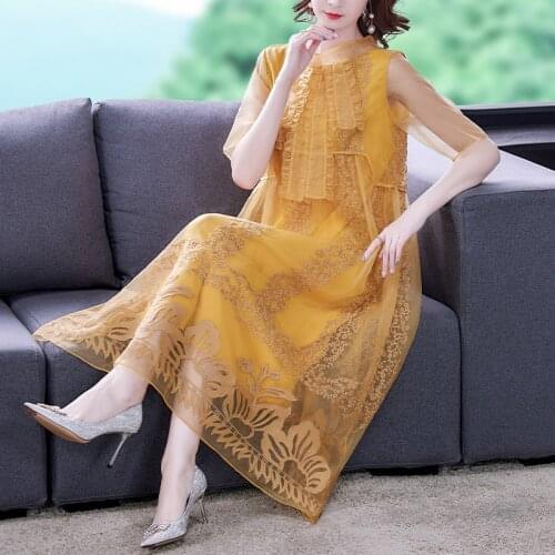 Summer 2021 Women Stand Collar Embroidery Ruffles A Line Long Dress , Woman Clothes 3xl Yellow Sweet Dresses