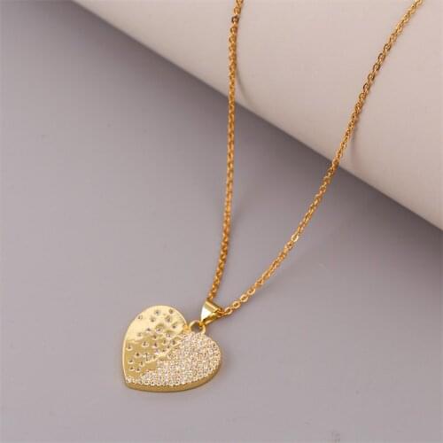 Womens Classic Transparent Cubic Zirconia CZ Gold Color Copper Metal Heart Pendants Necklaces Stainless Steel Chain Necklace